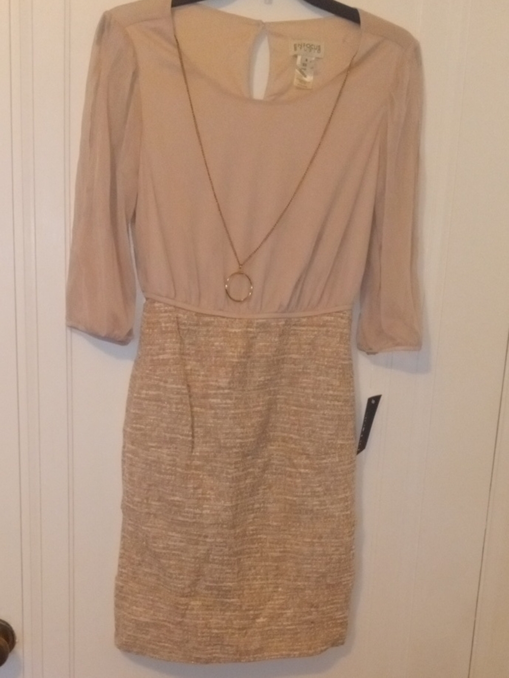 NWT Women 4 dress, beige gold accents and chain, sheer sleeves